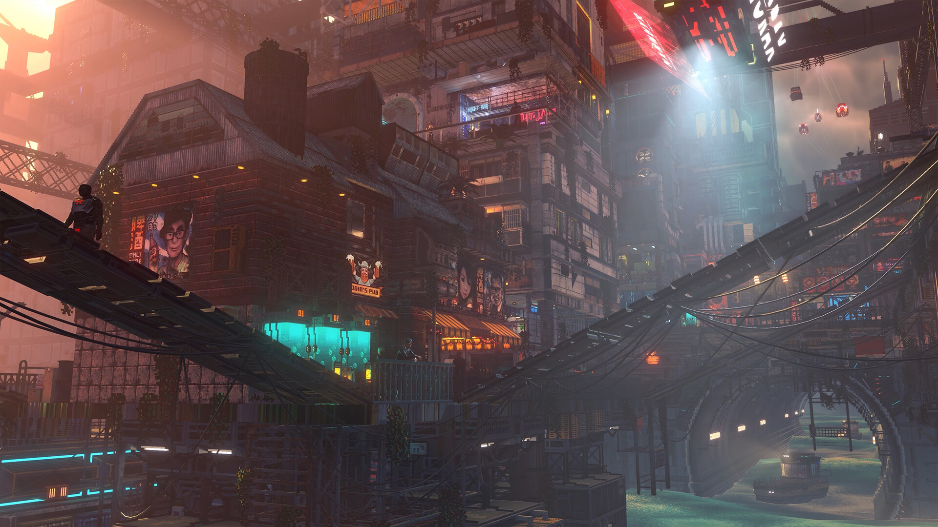 Nivalis Nights boat travel through a neon waterfront district
